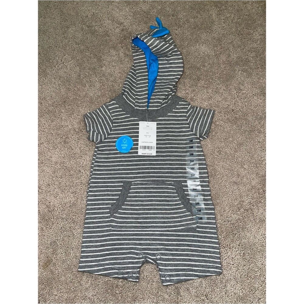 NWT Carter's Gray & White Striped Hooded Short Sleeve Romper